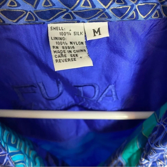 Vintage 80s 90s Silk Windbreaker Jacket Womens Medium Geometric Turquoise Blue - Picture 11 of 13